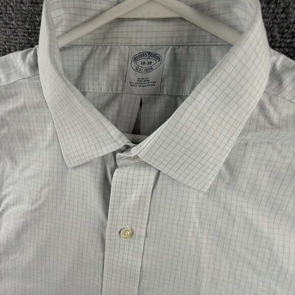 Brooks Brothers 18 38 Slim Cotton Blue Check Non-Iron Mens Long Sleeve Button Up - Picture 8 of 16